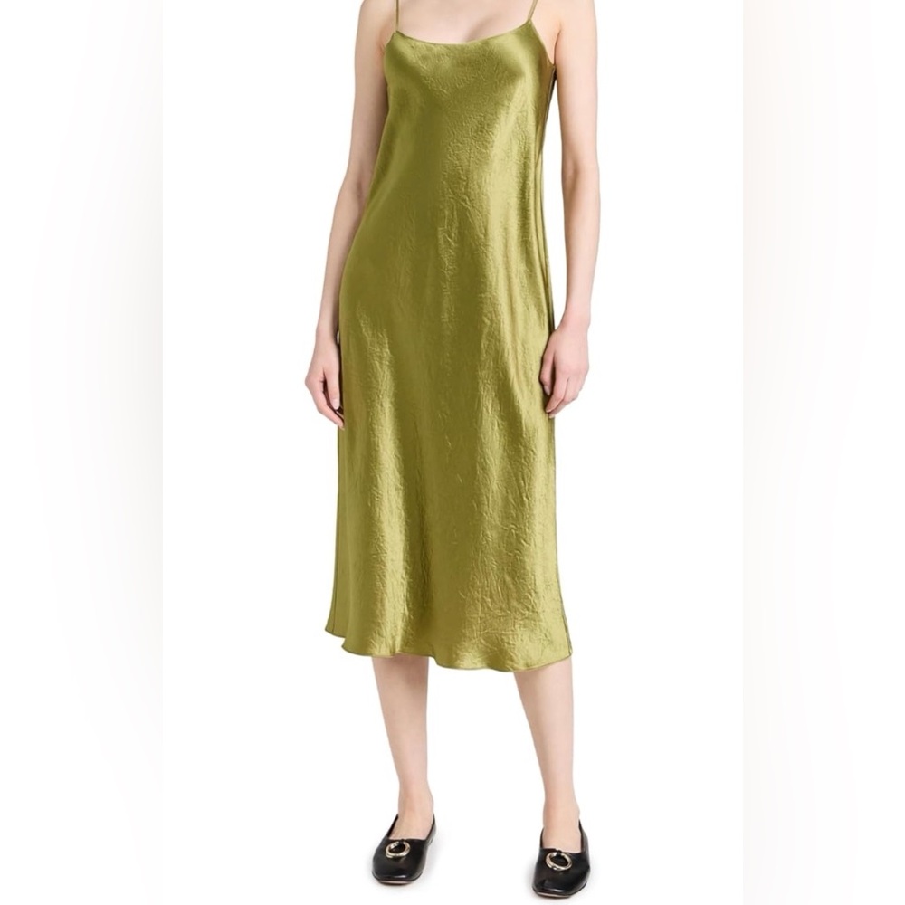 Vince Basil Green Hammered Satin Slip Dress XS V010451013 NWT
